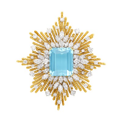 Lot 363 - Gold, Platinum, Aquamarine and Diamond Clip-Brooch, Retailed by Harry Winston