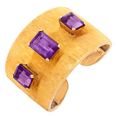 Lot 205 - Gold and Amethyst Cuff Bangle Bracelet