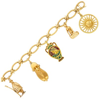 Lot 258 - Gold, Low Karat Gold and Plique-á-Jour Enamel Charm Bracelet