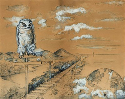 Lot 71 - Folk Art Illustration of an Owl with Telegraph...