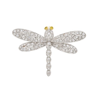 Lot 331 - White Gold, Diamond and Colored Diamond Dragonfly Pin