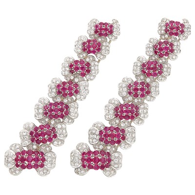 Lot 255 - Pair of White Gold, Ruby and Diamond Flower Bar Clip-Brooches