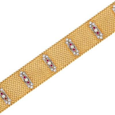 Lot 112 - Gold, Platinum, Diamond and Ruby Mesh Bracelet