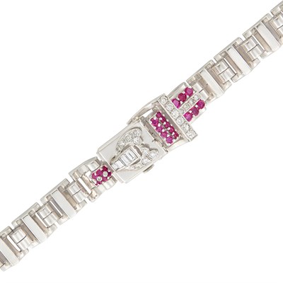 Lot 493 - Rhodium-Plated Rose Gold, Ruby and Diamond Bracelet-Watch
