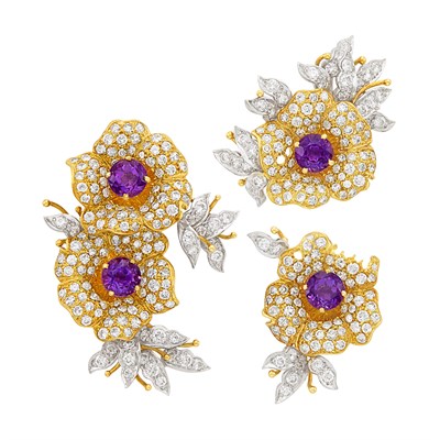 Lot 167 - Pair of Gold, Platinum, Amethyst and Diamond Flower Clips