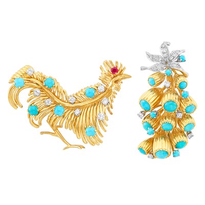 Lot 225 - Gold, Platinum, Turquoise and Diamond Floral Brooch and Gold, Turquoise, Diamond and Ruby Rooster Brooch