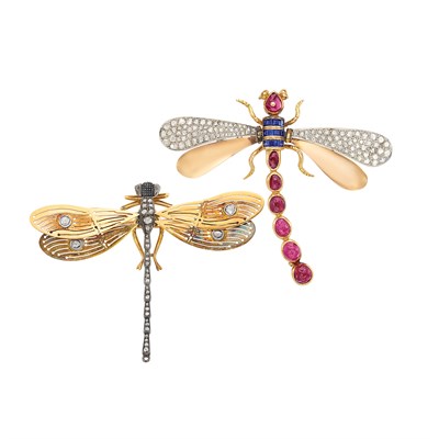 Lot 103 - Antique and Retro Gold, Platinum, Silver, Cabochon Ruby, Sapphire and Diamond Dragonfly Brooches