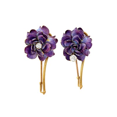 Lot 297 - Pair of Antique Gold, Purple Enamel and Diamond Flower Pins, Tiffany & Co.