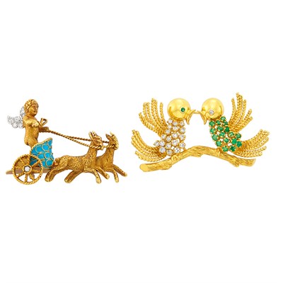 Lot 508 - Gold, Platinum, Diamond and Turquoise Enamel Putti Chariot Pin and Gold, Emerald and Diamond Love Bird Pin
