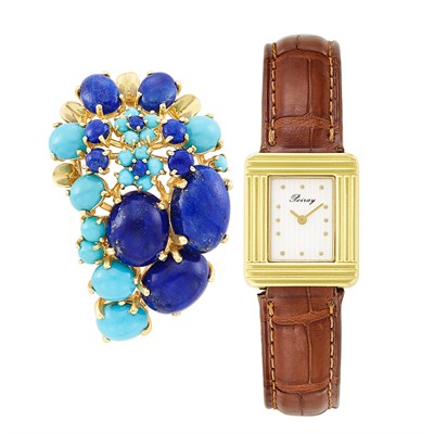 Lot 223 - Gold Wristwatch, Poiray, and Gold, Lapis and Turquoise Clip-Brooch