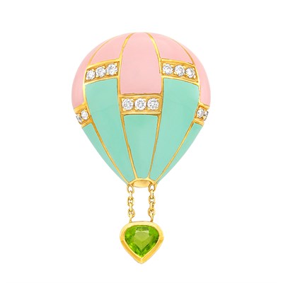 Lot 200 - Gold, Pink and Mint Green Enamel, Diamond and Peridot Hot Air Balloon Pin, Fred, France
