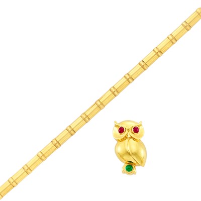 Lot 218 - Gold Cylinder Link Bracelet and Gold, Cabochon Ruby and Emerald Owl Pin