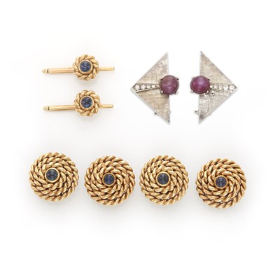 Lot 1357 - Four Gold and Cabochon Sapphire Buttons, Two Studs, and Pair of White Gold, Star Ruby and Diamond Earrings