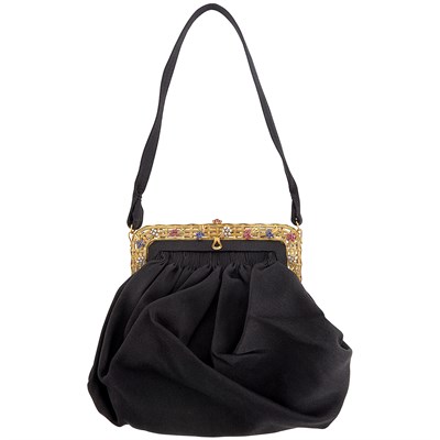 Lot 113 - Gold, Gem-Set, Diamond and Black Satin Purse