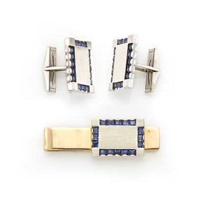 Lot 1780 - Pair of White Gold and Sapphire Cufflinks and Two-Color Gold and Sapphire Tip Clip