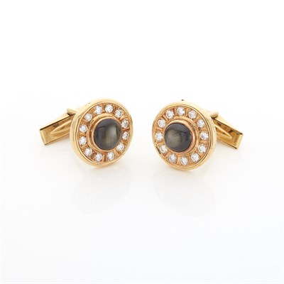 Lot 1754 - Pair of Gold, Black Star Sapphire and Diamond Cufflinks