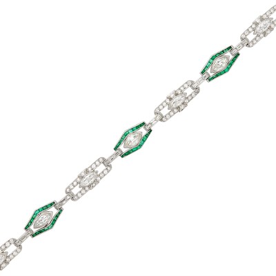 Lot 351 - Platinum, Diamond and Emerald Bracelet