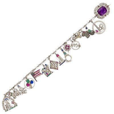 Lot 274 - Platinum, Diamond and Gem-Set Charm Bracelet