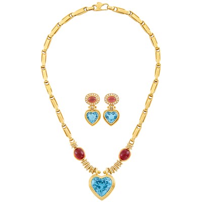Lot 204 - Gold, Blue Topaz, Cabochon Pink Tourmaline and Diamond Pendant-Necklace and Pair of Pendant-Earrings