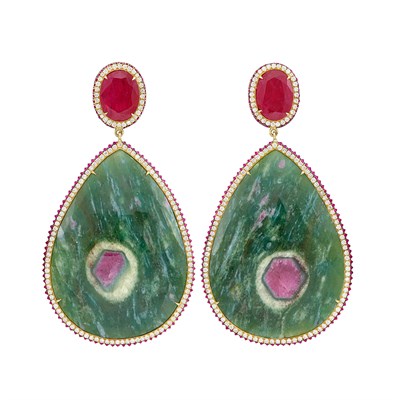 Lot 41 - Pair of Gold, Ruby in Zoisite and Diamond Pendant-Earrings, Lugano