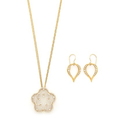 Lot 1911 - Gold and Diamond Flower Pendant with Chain Necklace and Pair of Gold and Diamond Pendant-Earrings