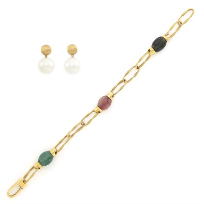 Lot 1943 - Gold and Gem-Set Bead Bracelet and Pair of Gold and Cultured Pearl Earrings, Marco Bicego