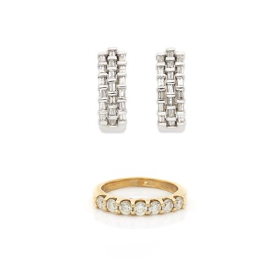 Lot 1203 - Gold and Diamond Ring and Pair of Pair of White Gold and Diamond Earrings