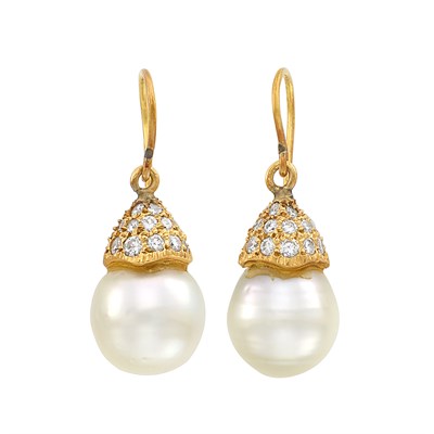 Lot 469 - Pair of Gold, Diamond and South Sea Cultured Pearl Pendant-Earrings