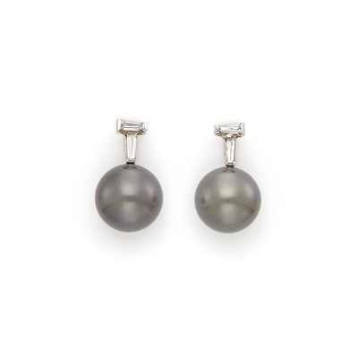 Lot 1663 - Pair of White Gold, Black Tahitian Cultured Pearl and Diamond Earrings