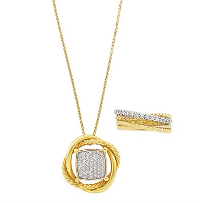 Lot 190 - Two-Color Gold and Diamond Pendant-Necklace and Ring, David Yurman