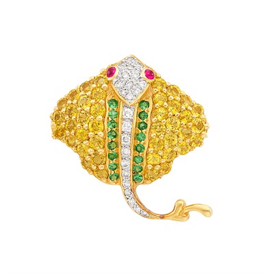 Lot 511 - Gold, Yellow Sapphire, Diamond, Demantoid Garnet and Cabochon Ruby Sting Ray Pendant-Pin