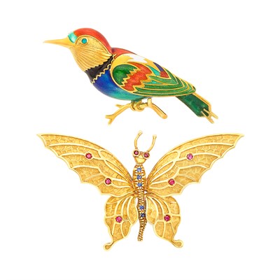 Lot 352 - Gold and Enamel Bird Pin, France, and Gold, Ruby and Sapphire Butterfly Pin, Tiffany & Co.