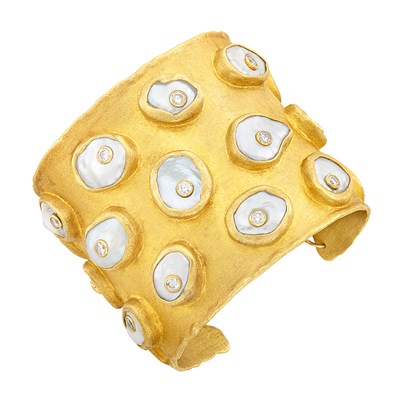 Lot 230 - Gold, Freshwater Pearl and Diamond Cuff Bangle Bracelet