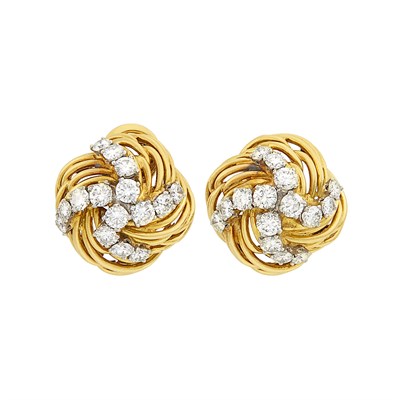 Lot 111 - Pair of Gold, Platinum and Diamond Earclips, Bulgari