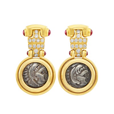 Lot 142 - Pair of Gold, Ancient Coin, Diamond and Cabochon Ruby Pendant-Earclips, Bulgari