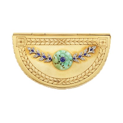 Lot 296 - Gold, Platinum, Carved Jade, Cabochon Sapphire, Sapphire and Diamond Compact