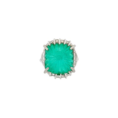 Lot 352 - Platinum, Carved Emerald and Diamond Ring