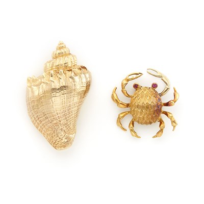 Lot 1151 - Gold and Ruby Crab Pin, Tiffany & Co., and Gold Conch Shell Clip-Brooch