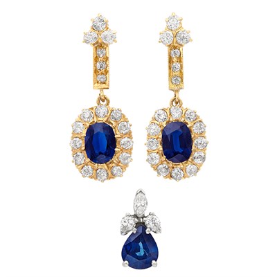 Lot 302 - Pair of Gold, Sapphire and Diamond Pendant-Earrings and White Gold, Sapphire and Diamond Pendant