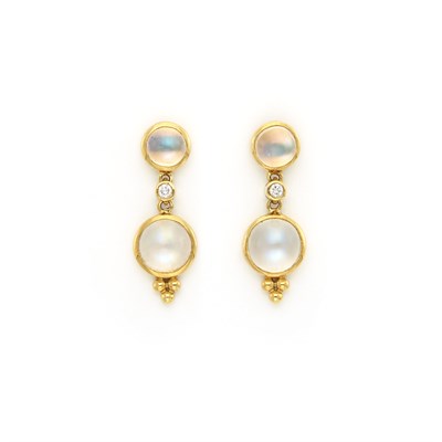 Lot 1830 - Pair of Gold, Moonstone and Diamond Pendant-Earrings, Temple St. Clair