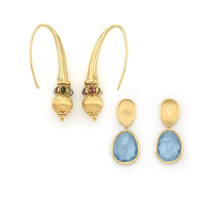 Lot 1099 - Pair of Gold and Aquamarine Earrings, Marco Bicego, and Pair of Gold and Gem-Set Bead Pendant-Earrings