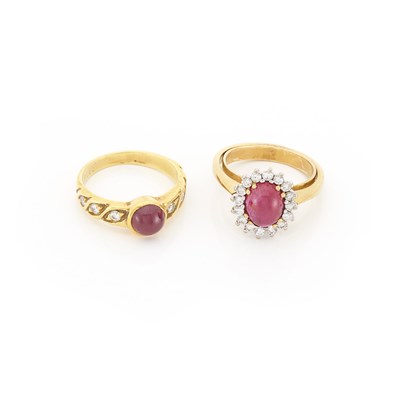 Lot 1985 - Two Gold, Diamond and Cabochon Ruby Rings