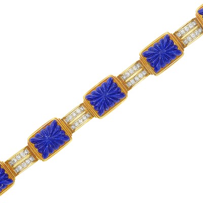 Lot 17 - Gold, Fluted Lapis and Diamond Bracelet