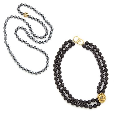 Lot 1848 - Double Strand Black Onyx Bead and Gold Necklace and Hematite Bead and Gold Necklace, Tiffany & Co.