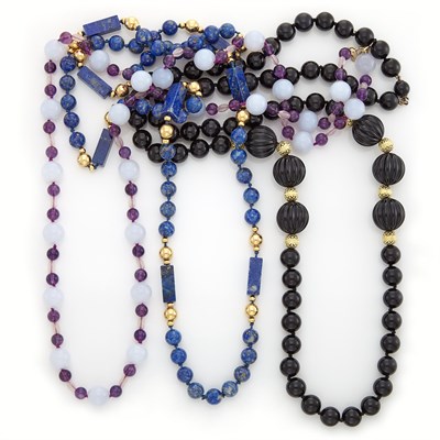 Lot 1831 - Three Black Onyx, Gilt-Metal, Lapis, Gold, Chalcedony, Amethyst and Rose Quartz Bead Necklaces
