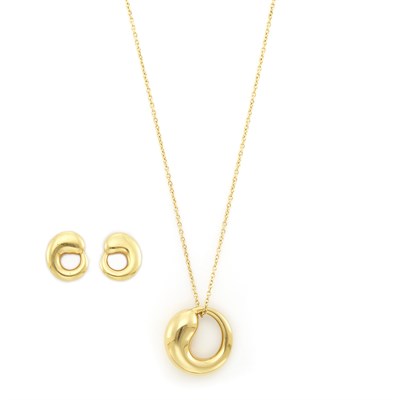 Lot 1141 - Gold Pendant with Long Chain Necklace and Pair of Earrings, Tiffany & Co., Elsa Peretti