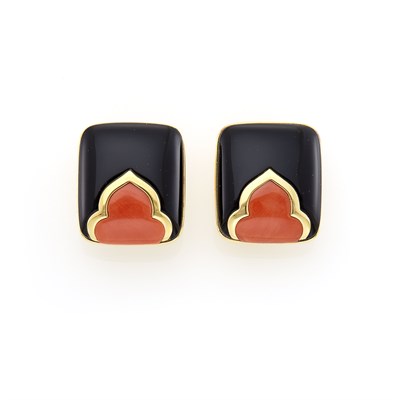 Lot 1095 - Pair of Gold, Black Onyx and Coral Earclips, Trianon