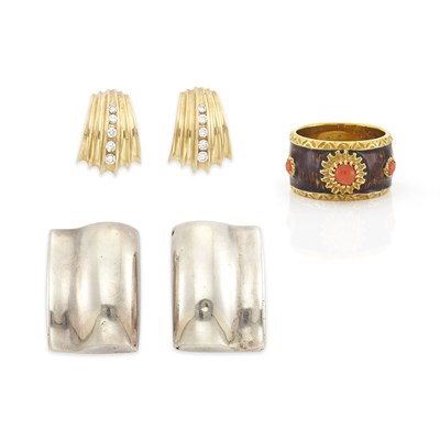 Lot 1905 - Pair of Gold and Diamond Earclips, Tiffany & Co., Pair of Silver Earclips, Tiffany & Co., and Gold, Brown Enamel and Coral Ring