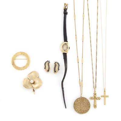 Lot 1336 - Pair of Gold, Sapphire and Diamond Earrings, Wristwatch, Lucien Piccard, and Gold, Silver and Gold-Filled Jewelry