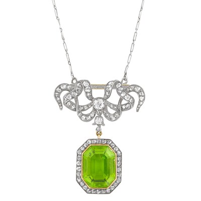 Lot 529 - Antique Silver, Gold, Peridot and Diamond Pendant-Brooch with Platinum Chain